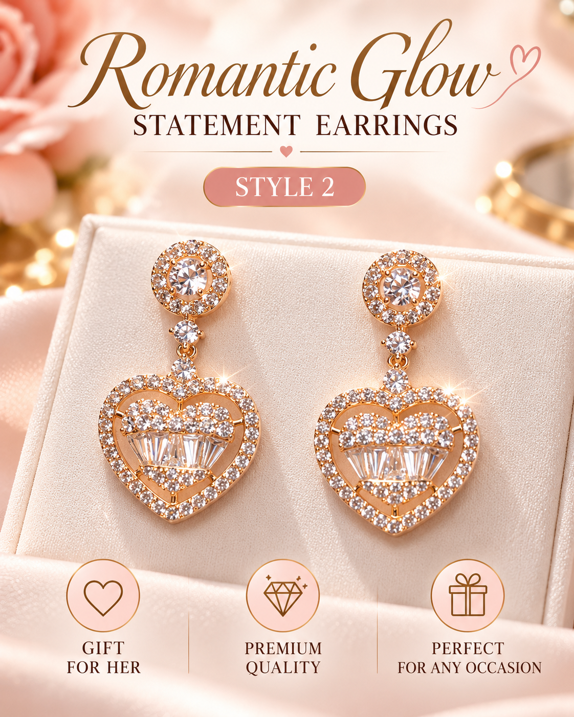 Style 2 – Elegant Rose Gold Heart Drop Earrings