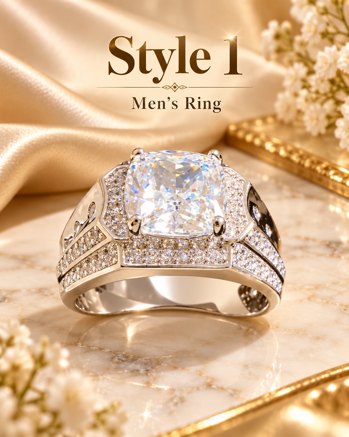 Men's Bold Cushion-Cut Pavé Statement Ring (Sizes 10–11)
