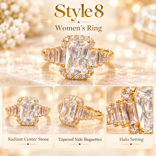 ✨ Style 8 – Women's Elegant Gold-Tone Radiant Cut Crystal Ring 💍 Sparkling Rectangular Halo Statement Ring 💎 Baguette Side Stone Engagement-Style Ring 💖 Luxury Fashion Jewelry 🎁 Perfect Gift for Her