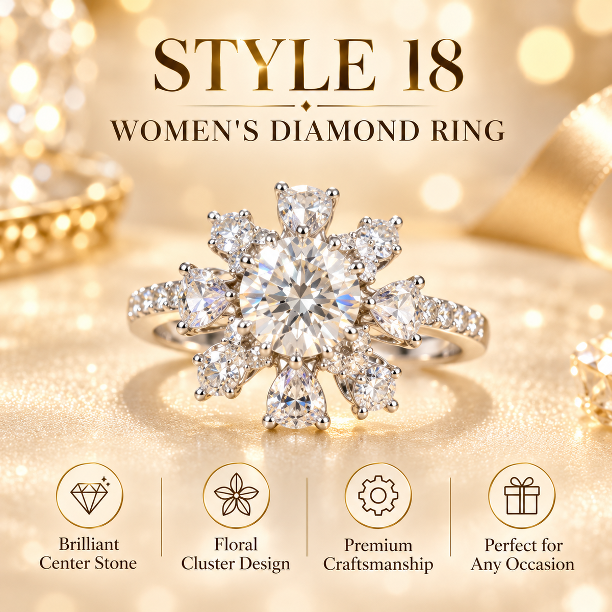 ✨ Style 18 – Women's Elegant Silver-Tone Floral Crystal Ring 💍 Sparkling Round Center Stone Flower Cluster Ring 💎 Petal Design Pavé Rhinestone Band 💖 Luxury Statement Fashion Jewelry 🎁 Perfect Gift for Her