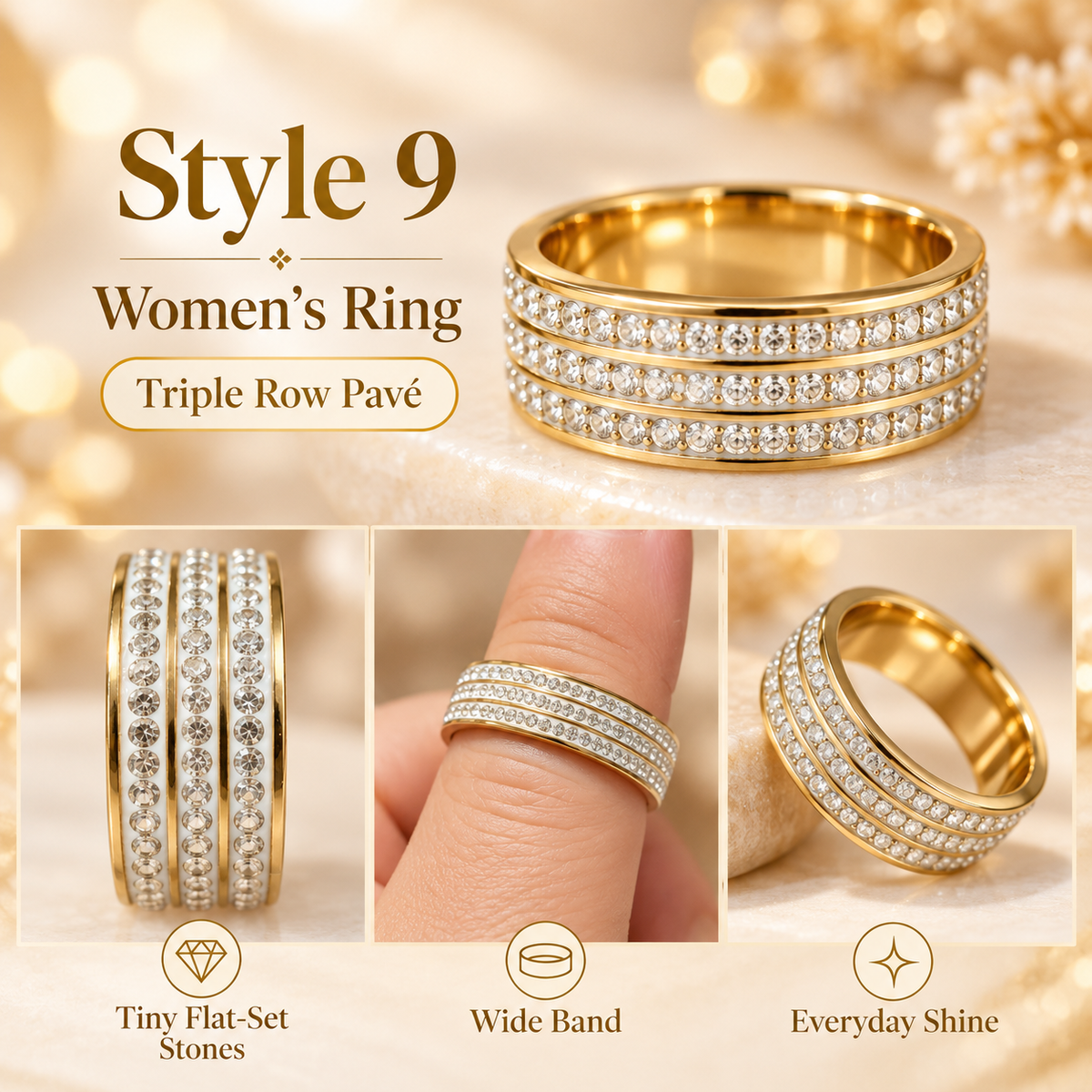 ✨ Style 9 – Women's Elegant Gold-Tone Triple Row Crystal Ring 💍 Sparkling Rhinestone Wide Band Ring 💎 Classic Pavé Statement Jewelry 💖 Luxury Fashion Ring 🎁 Perfect Gift for Her