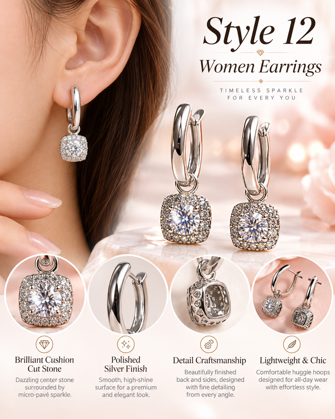 Style 12 – Elegant Silver Tone Sparkling Drop Hoop Earrings