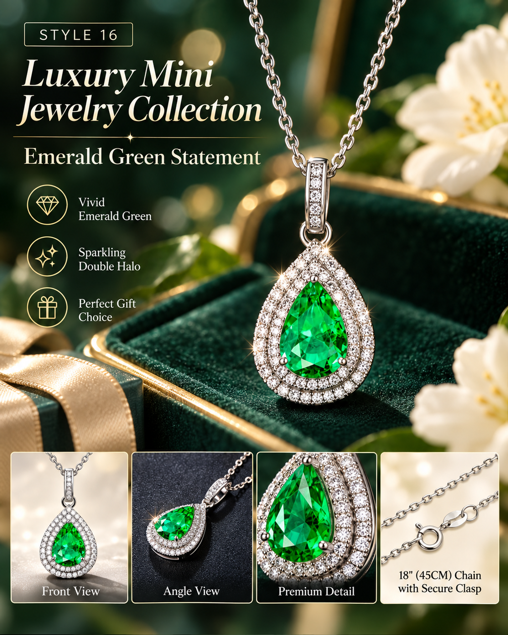 💚 Elegant Emerald Green Teardrop Pendant Necklace – Style 16
