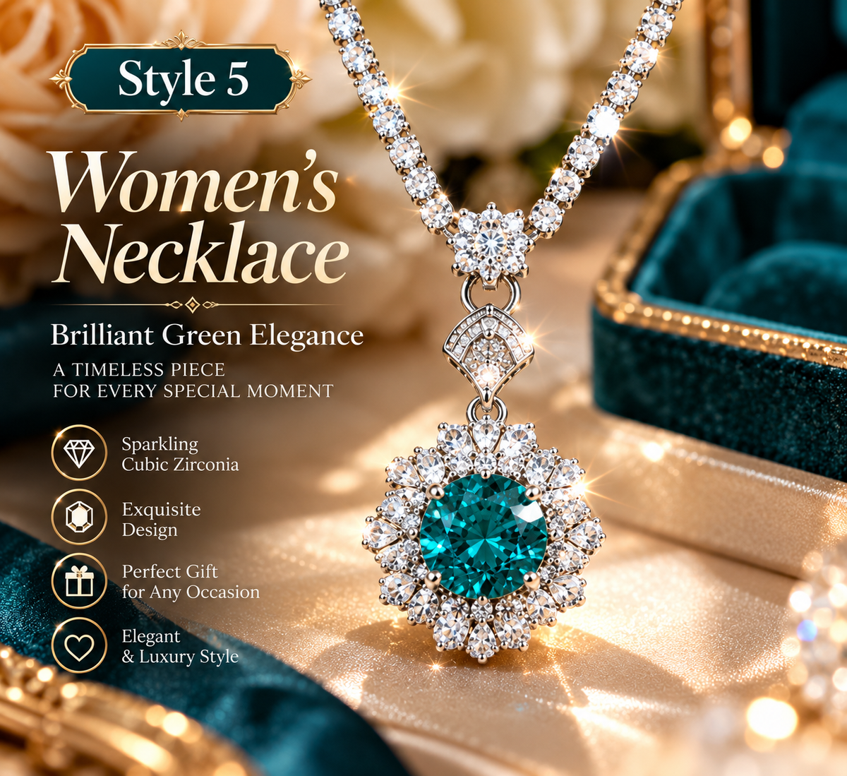 💚 Emerald Green Rhinestone Pendant Necklace for Women – Elegant Sparkly Fashion Jewelry | Style 5