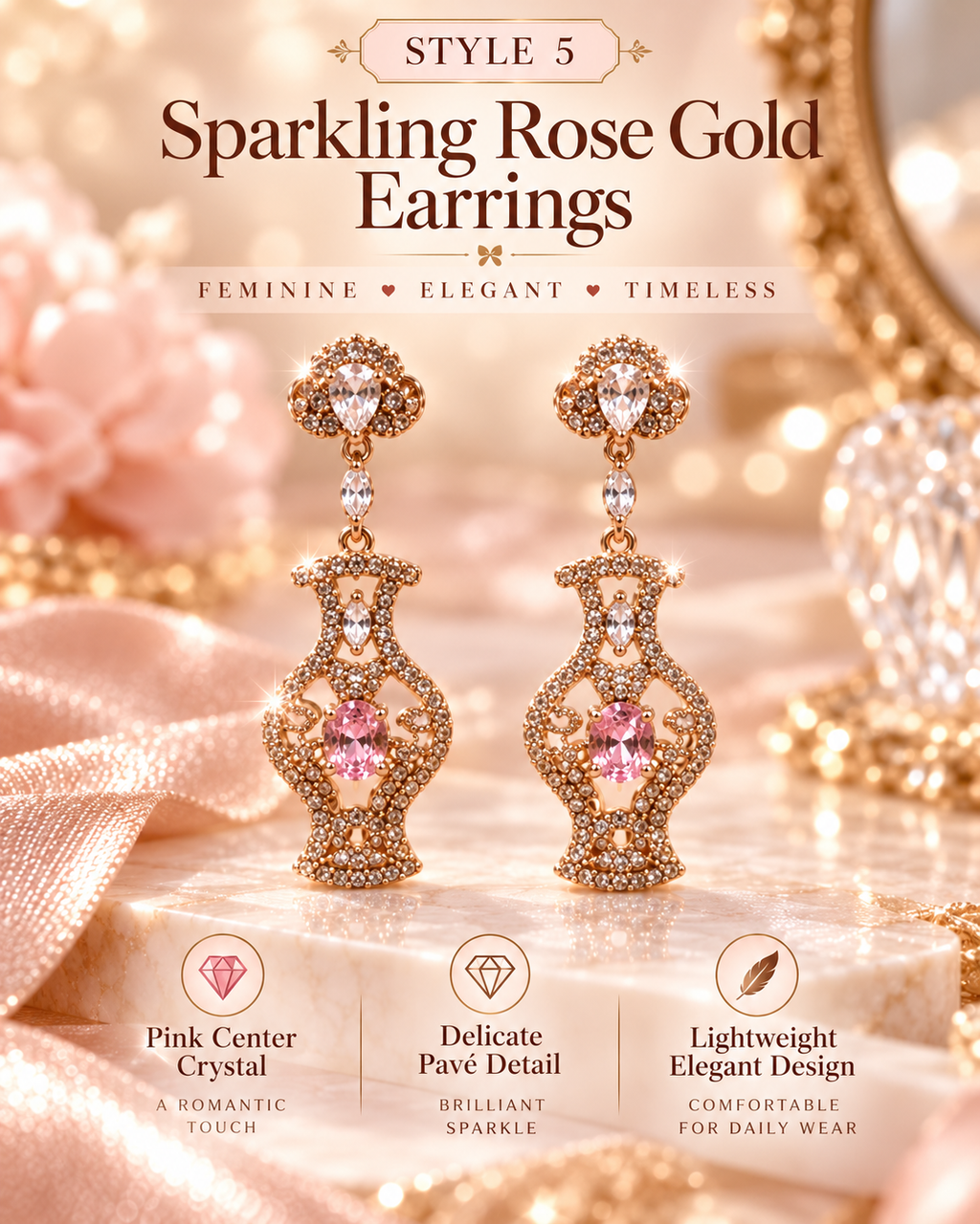 Style 5 – Elegant Rose Gold Tone Pink Crystal Drop Earrings
