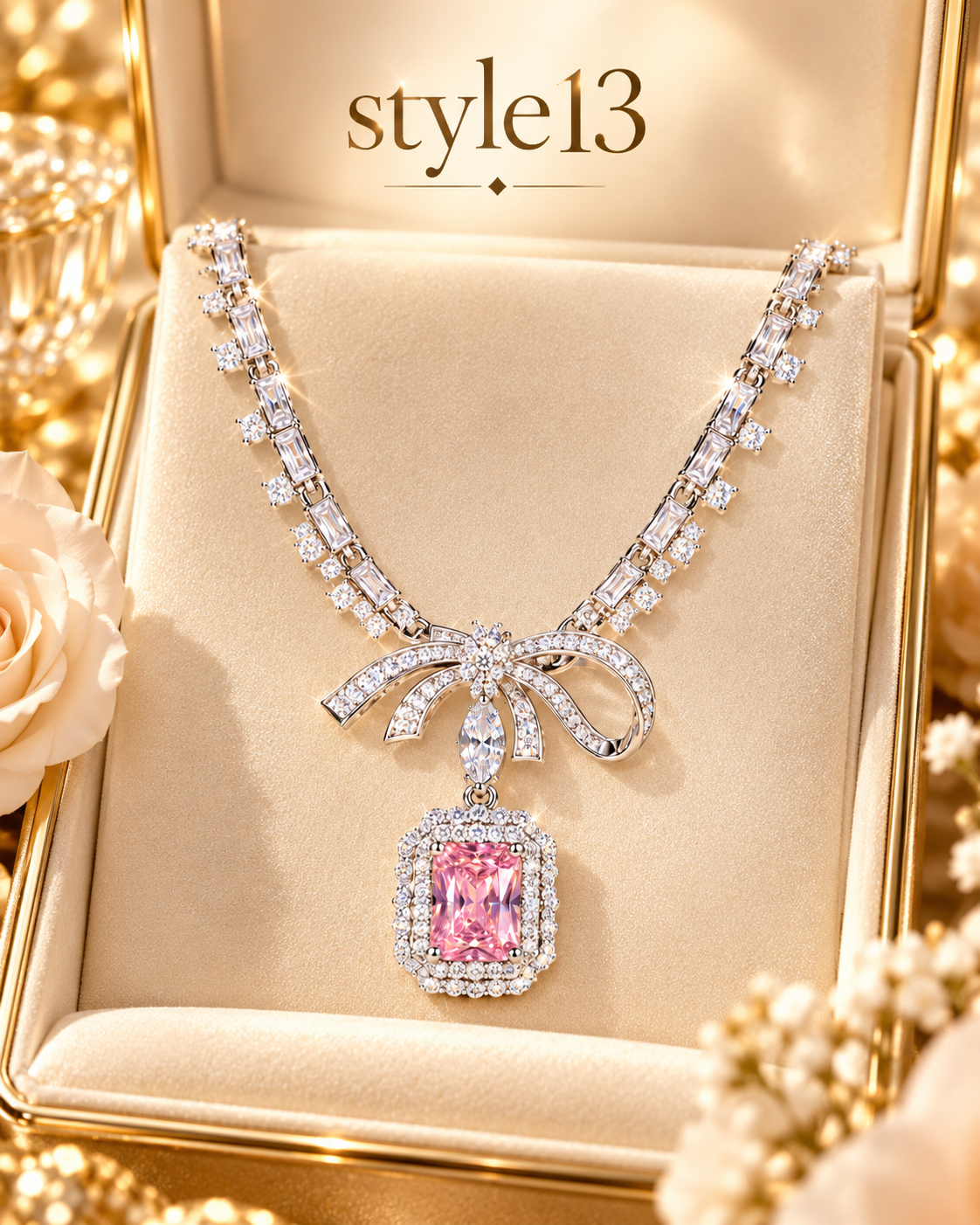 🎀 Elegant Pink Bow Pendant Necklace – Style 13