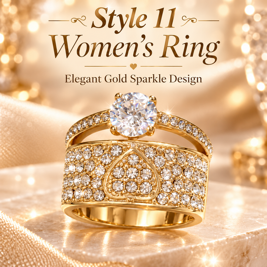 ✨ Style 11 – Women's Elegant Gold-Tone Round Crystal Ring 💍 Sparkling Heart Design Wide Band Ring 💎 Double-Layer Pavé Rhinestone Statement Jewelry 💖 Luxury Fashion Ring 🎁 Perfect Gift for Her