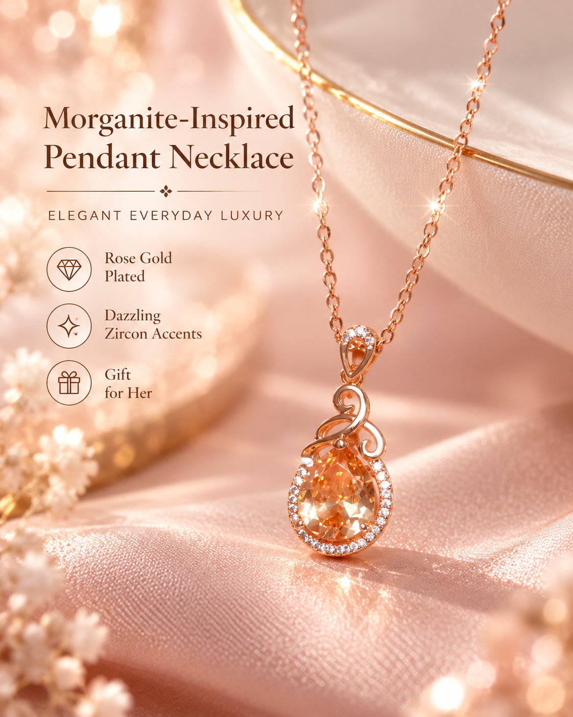 Style 31 – Elegant Rose Gold Tone Champagne Teardrop Pendant Necklace