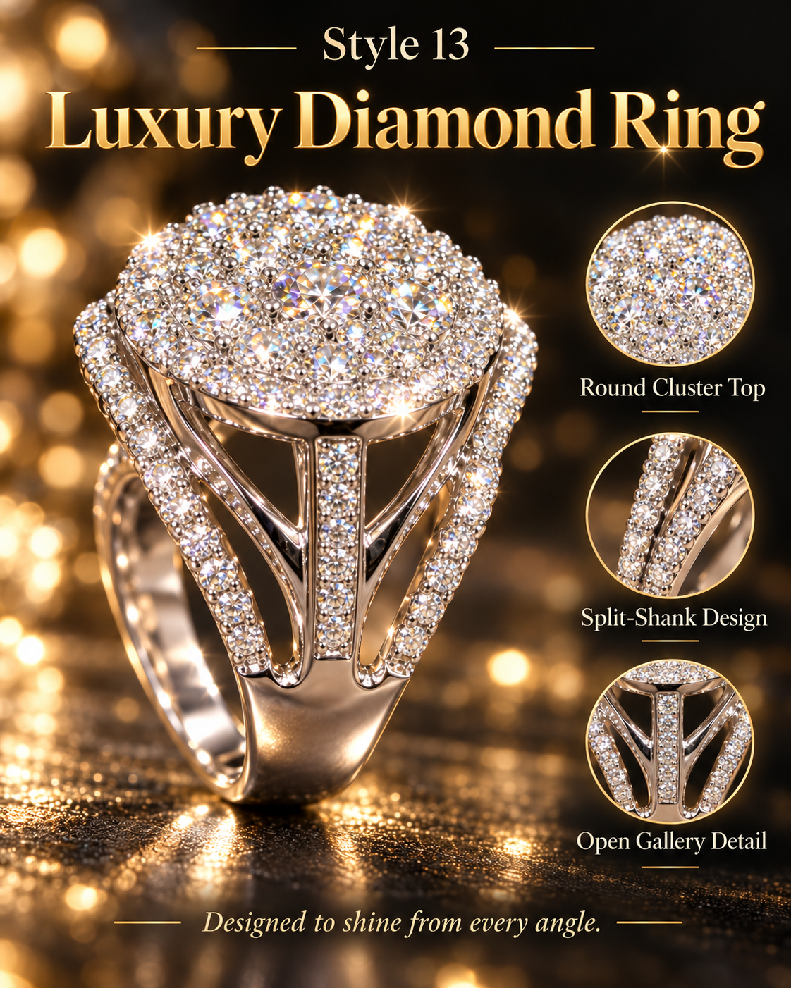 ✨ Style 13 – Women's Elegant Silver-Tone Round Crystal Cluster Ring 💍 Sparkling Pavé Halo Statement Ring 💎 Wide Split Shank Rhinestone Cocktail Ring 💖 Luxury Fashion Jewelry 🎁 Perfect Gift for Her