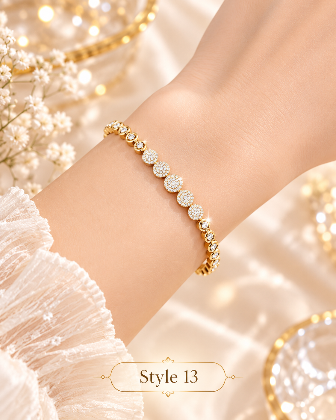✨ Style 13 – Women's Elegant Gold-Tone Crystal Bezel Tennis Bracelet 💎 Sparkling CZ Pavé Cluster Bracelet 💖 Luxury Fashion Jewelry 🎁 Perfect Gift for Her