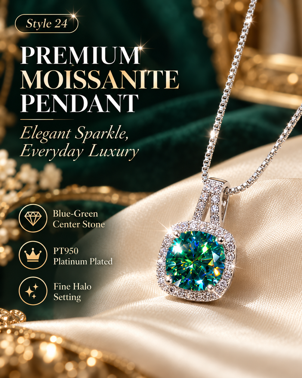 💚 Elegant Blue Green Cushion Halo Pendant Necklace – Style 24