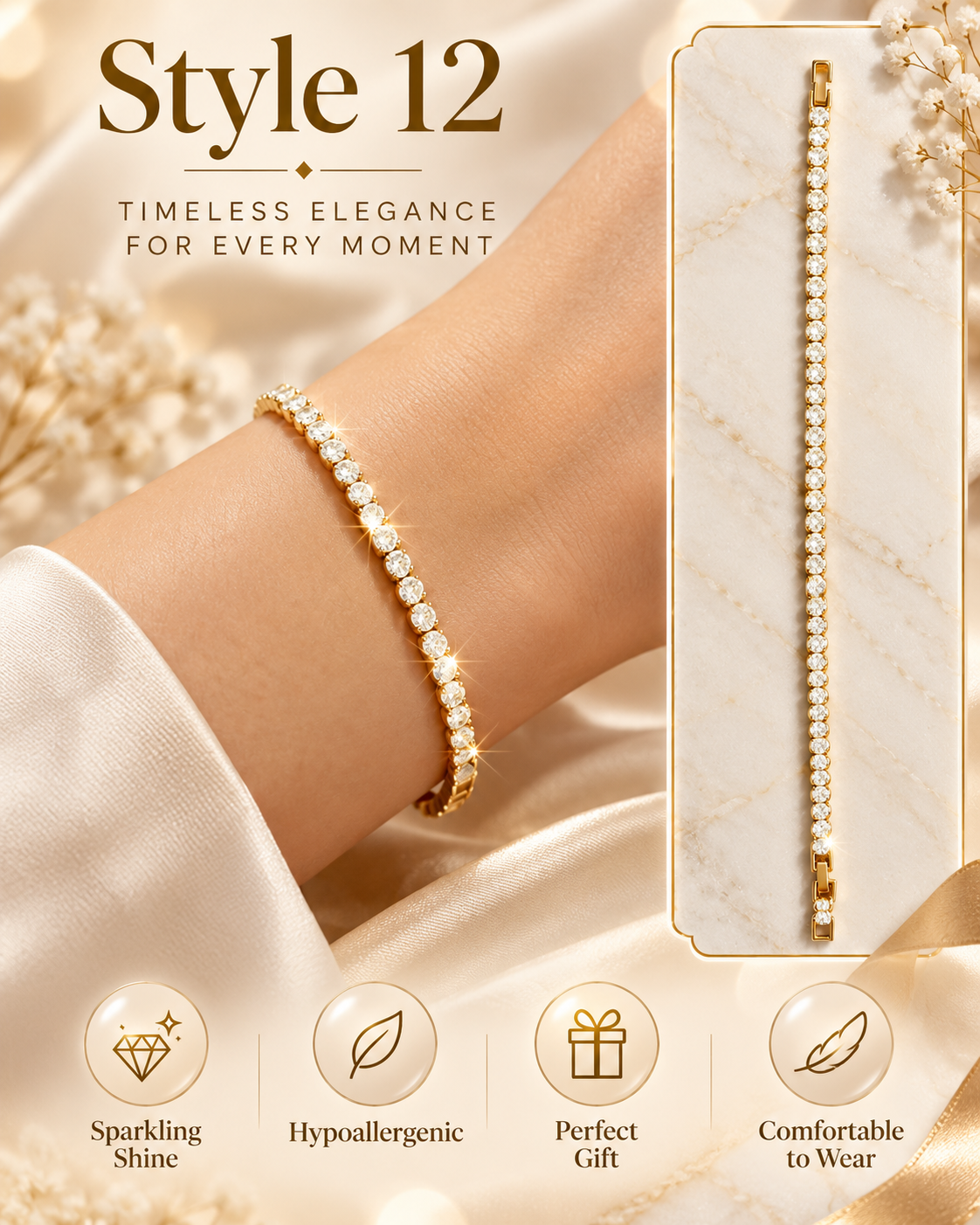 ✨ Style 12 – Women's Elegant Gold-Tone Cubic Zirconia Tennis Bracelet 💎 Sparkling Crystal Slim Chain Bracelet 💖 Classic Luxury Fashion Jewelry 🎁 Perfect Gift for Her