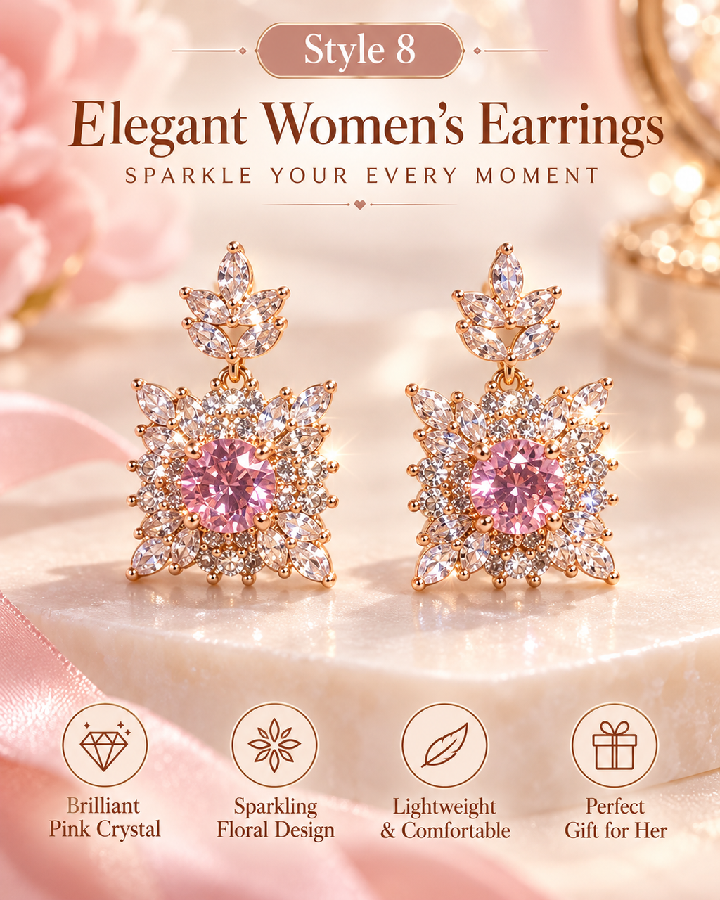 Style 8 – Elegant Pink Floral Crystal-Inspired Drop Earrings
