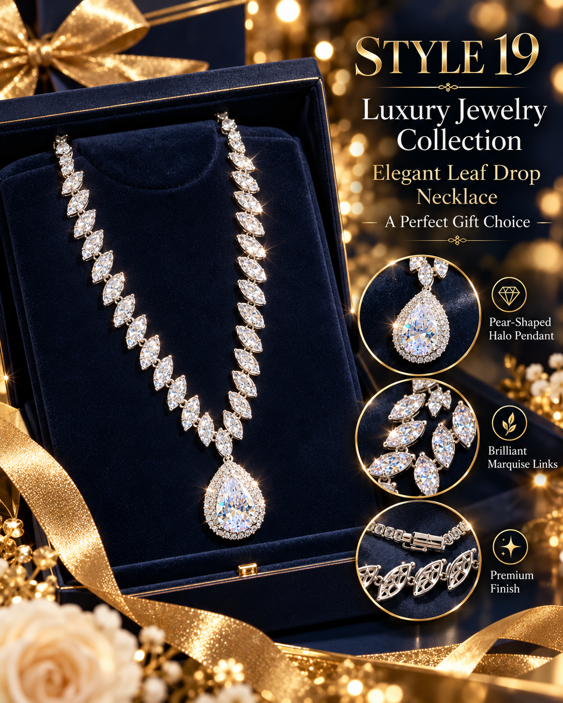 💎 Elegant Sparkling Leaf & Teardrop Pendant Necklace – Style 19