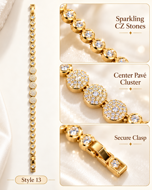 ✨ Style 13 – Women's Elegant Gold-Tone Crystal Bezel Tennis Bracelet 💎 Sparkling CZ Pavé Cluster Bracelet 💖 Luxury Fashion Jewelry 🎁 Perfect Gift for Her