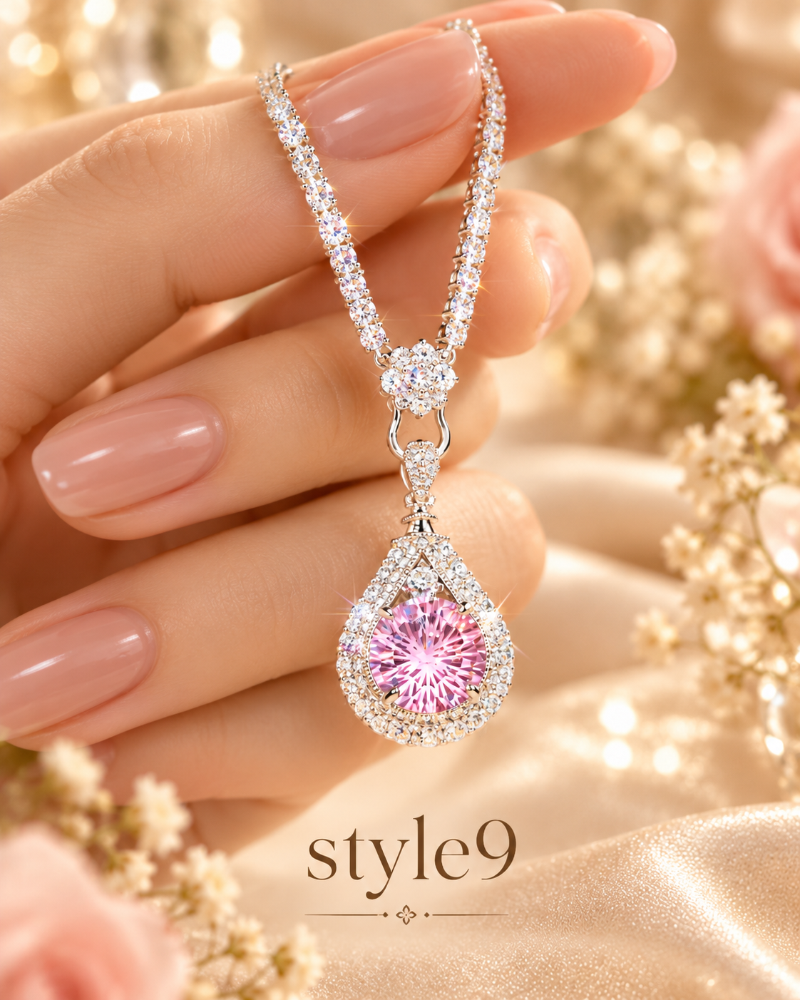 💗 Elegant Pink Teardrop Crystal-Look Necklace – Style 9