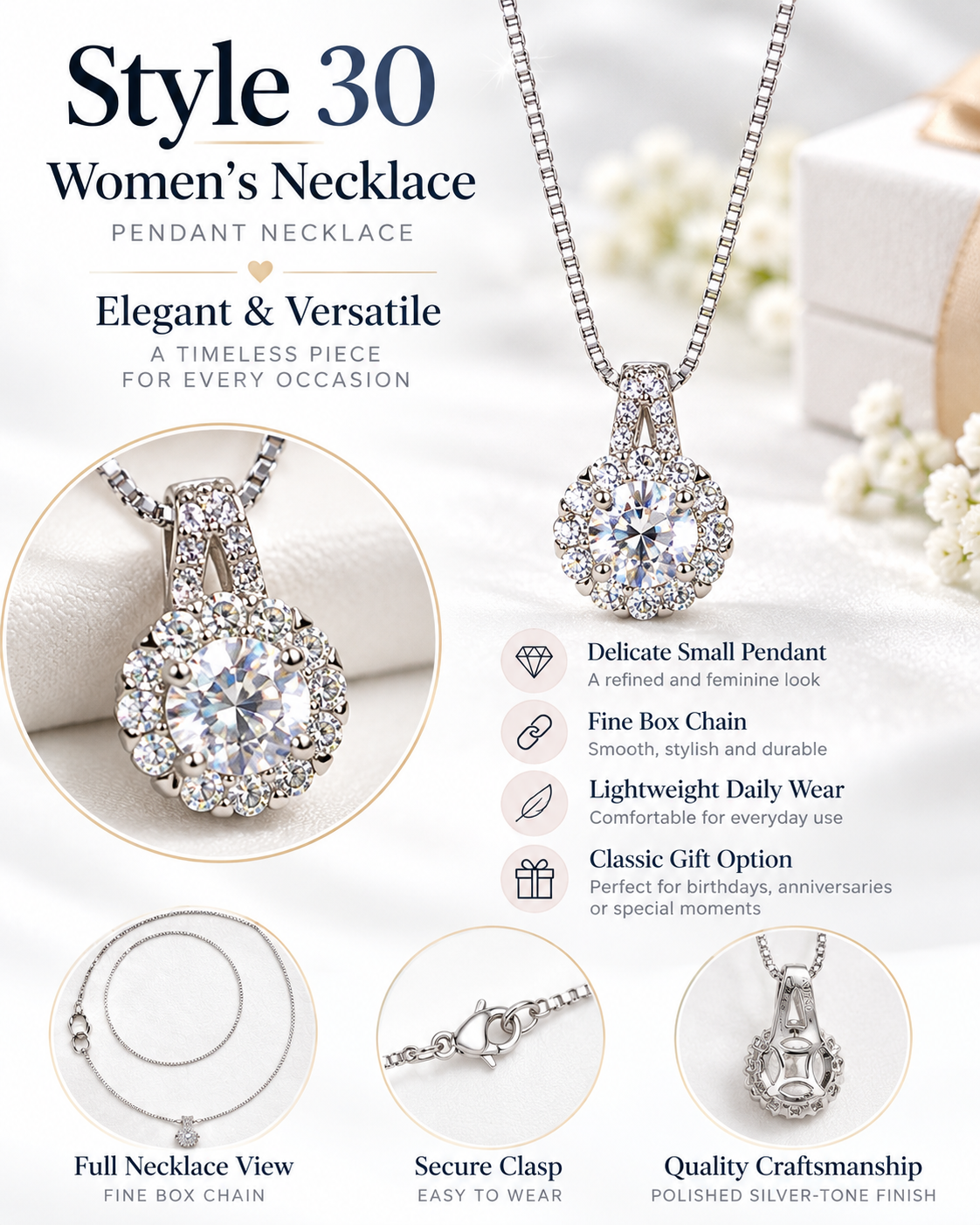 Style 30 – Elegant Silver Tone Sunflower Halo Pendant Necklace