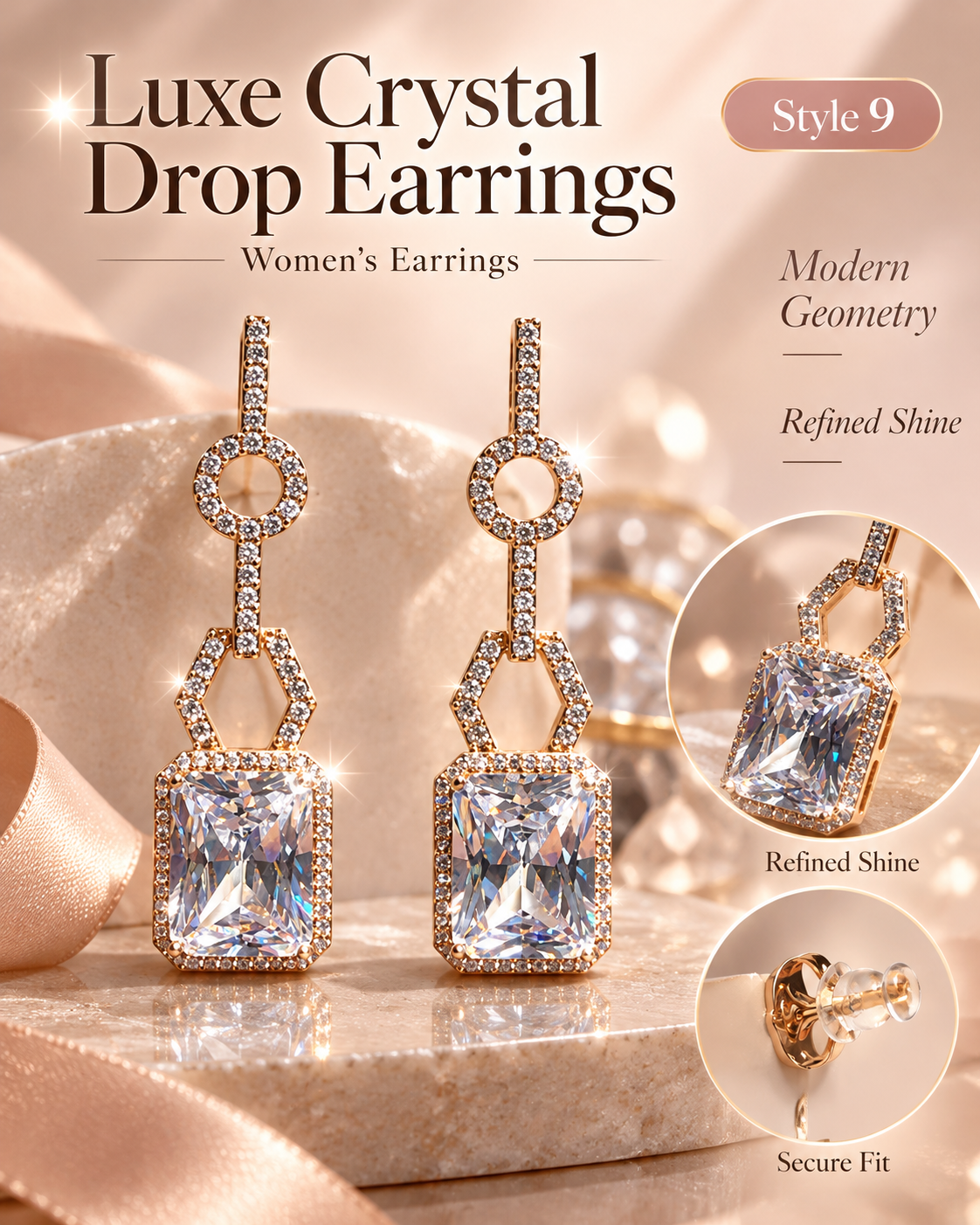 Style 9 – Elegant Geometric Crystal-Inspired Drop Earrings