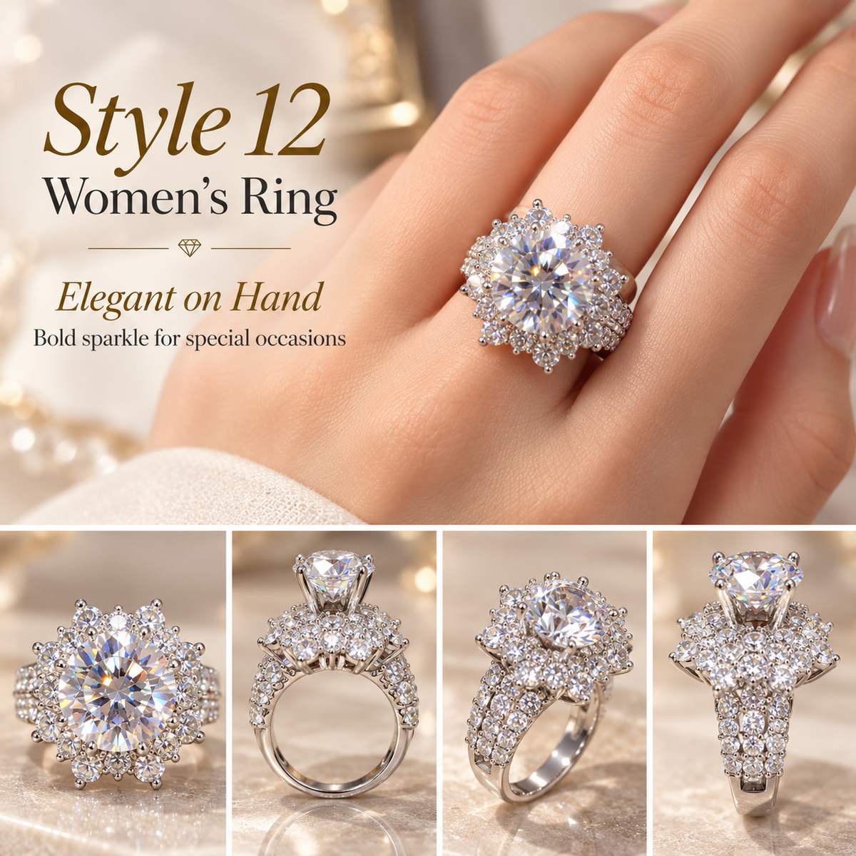 ✨ Style 12 – Women's Elegant Silver-Tone Round Crystal Statement Ring 💍 Sparkling Floral Cluster Halo Ring 💎 Multi-Layer Rhinestone Cocktail Ring 💖 Luxury Fashion Jewelry 🎁 Perfect Gift for Her