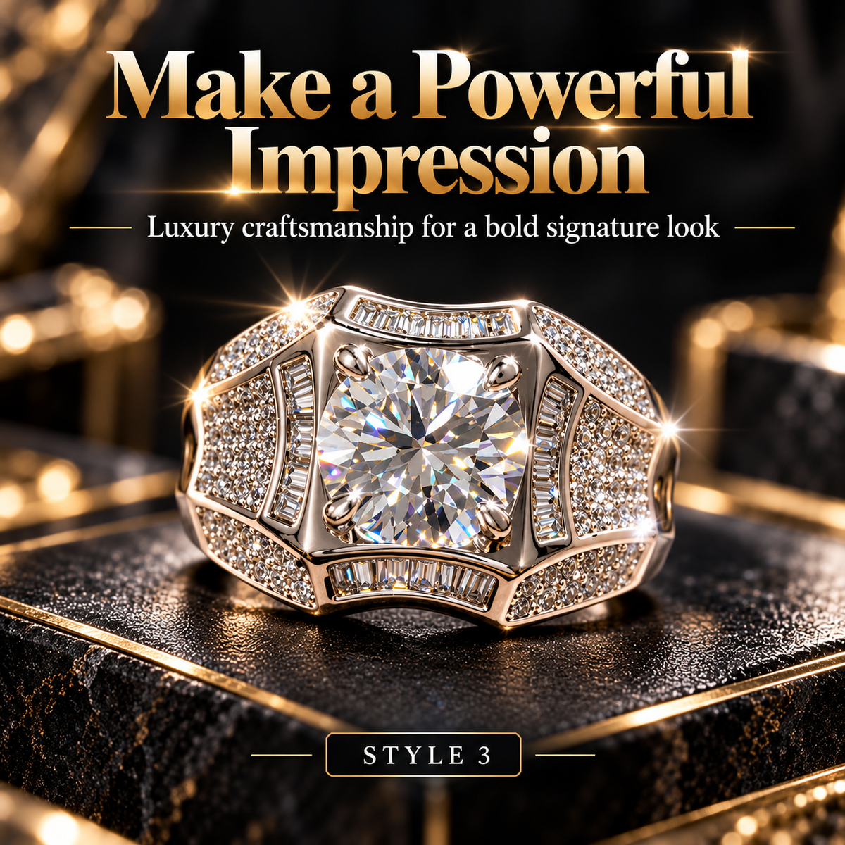 Men's Bold Geometric Crystal Statement Ring