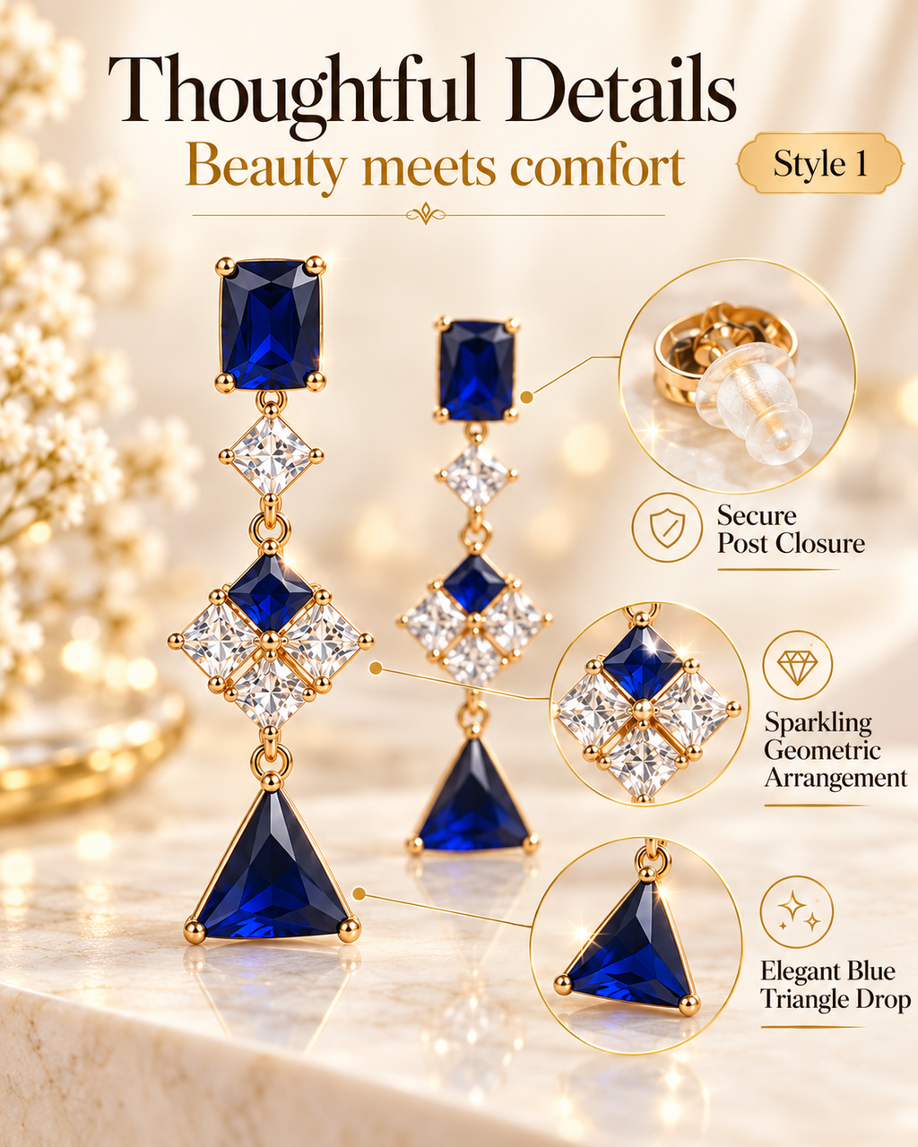Style 1 Elegant Royal Blue Geometric Drop Earrings  Sparkling Simulated Gemstones – Women's Fashion Jewelry