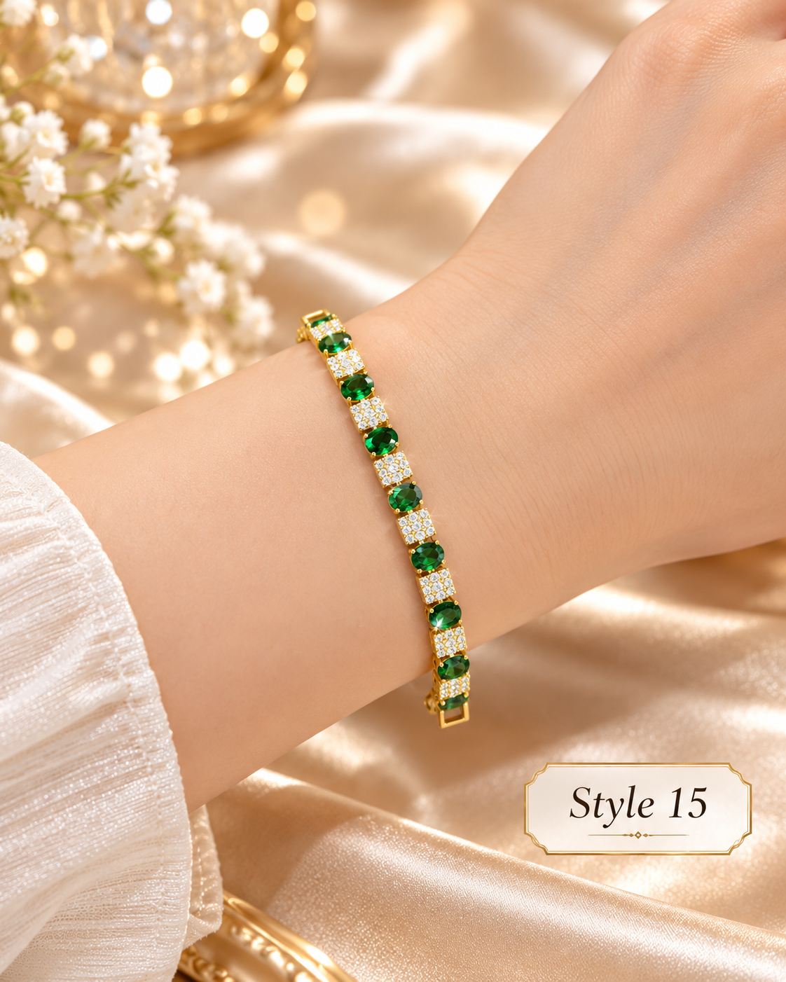 ✨ Style 15 – Women's Elegant Gold-Tone Emerald Green Crystal Bracelet 💚 Sparkling Oval Green Gemstone-Style Tennis Bracelet 💎 Luxury Fashion Jewelry 🎁 Perfect Gift for Her