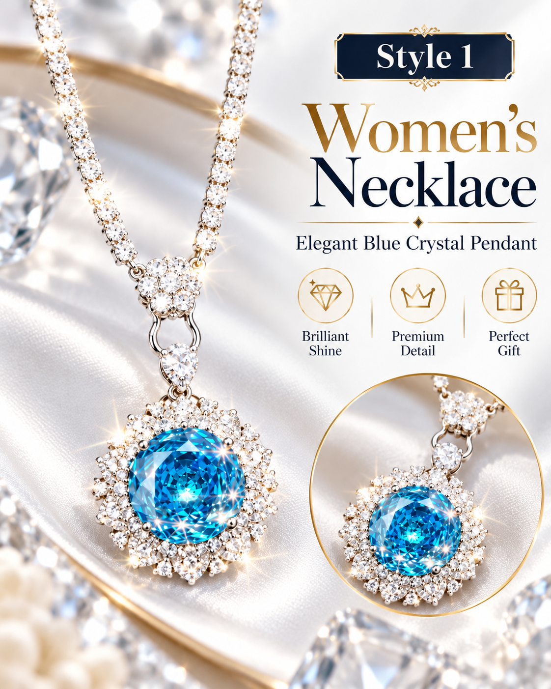 Sparkling Blue Crystal Pendant Necklace for Women