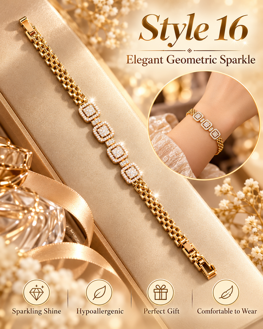 ✨ Style 16 – Women's Elegant Gold-Tone Geometric Crystal Bracelet 💎 Sparkling Square Rhinestone Link Bracelet 💖 Luxury Fashion Jewelry 🎁 Perfect Gift for Her