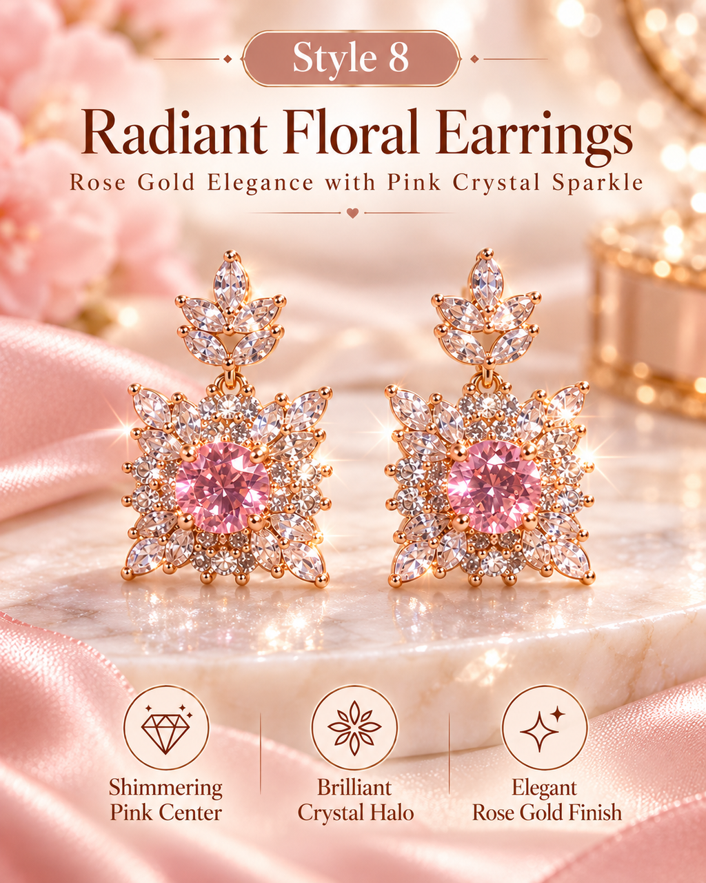 Style 8 – Elegant Pink Floral Crystal-Inspired Drop Earrings