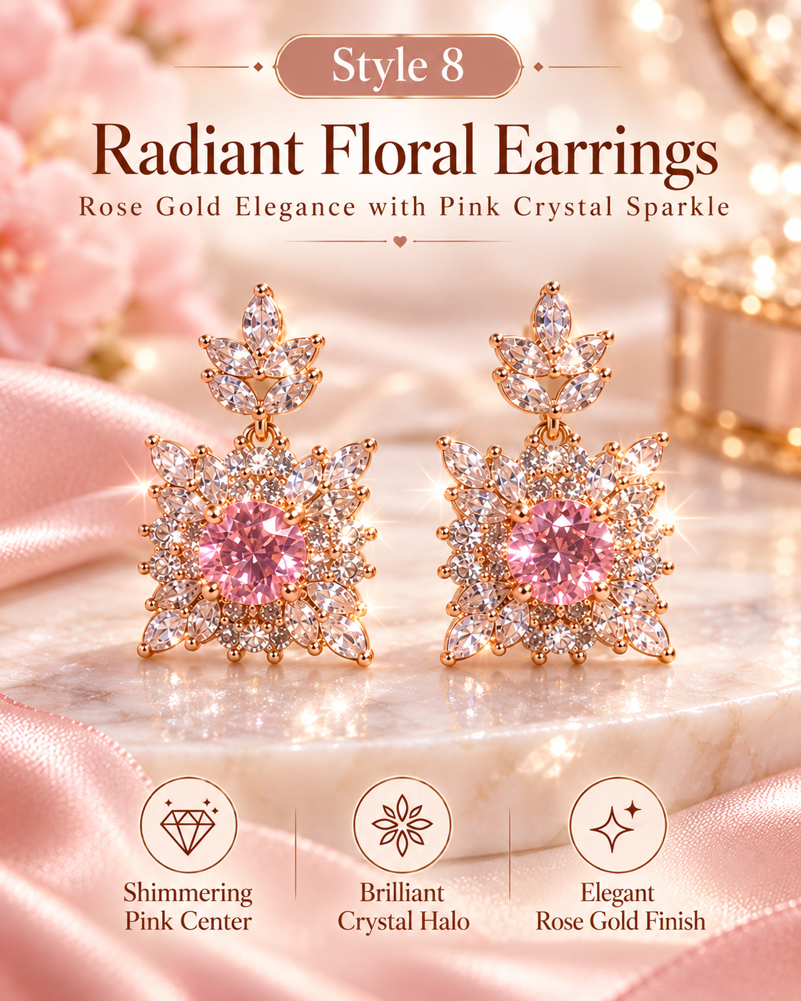 Style 8 – Elegant Pink Floral Crystal-Inspired Drop Earrings