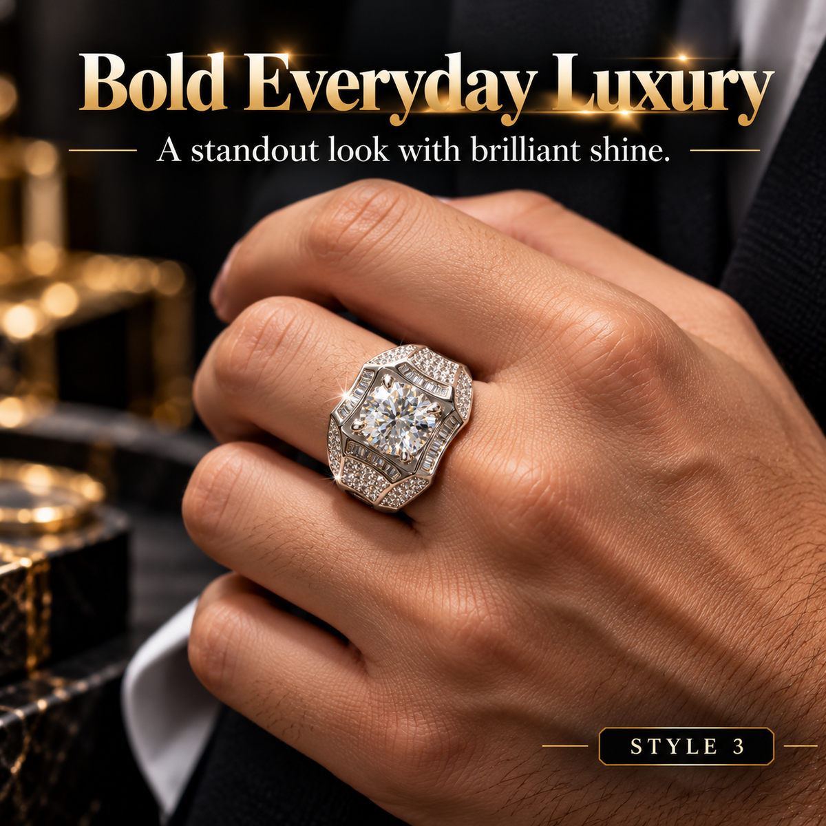 Men's Bold Geometric Crystal Statement Ring