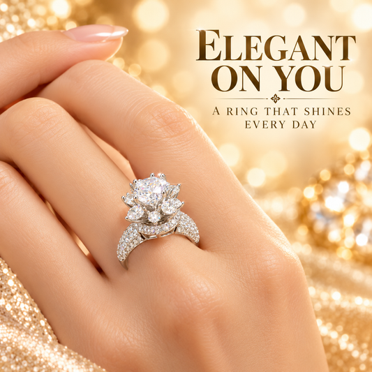 ✨ Style 15 – Women's Elegant Silver-Tone Floral Crystal Cluster Ring 💍 Sparkling Round Stone Flower Statement Ring 💎 Wide Pavé Rhinestone Band 💖 Luxury Fashion Jewelry 🎁 Perfect Gift for Her