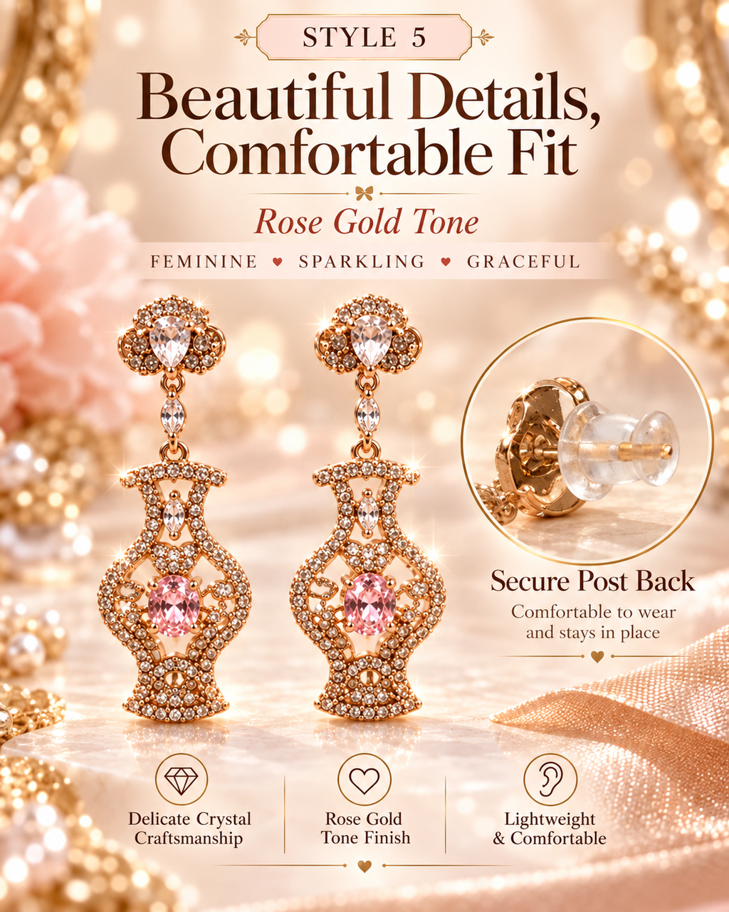 Style 5 – Elegant Rose Gold Tone Pink Crystal Drop Earrings