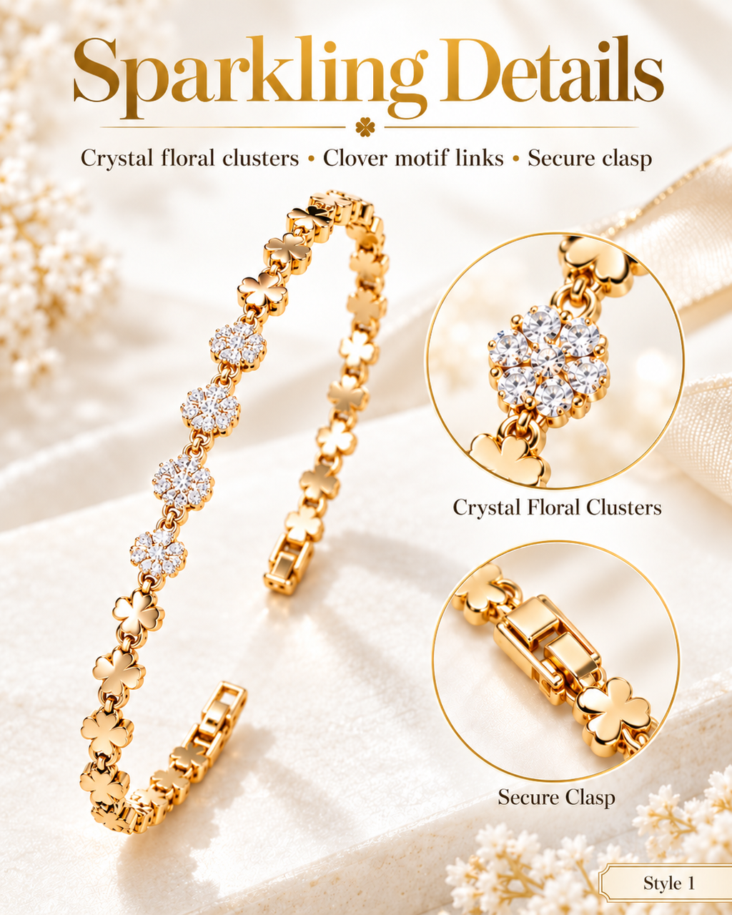 Gold-Tone Clover & Floral Sparkle Bracelet