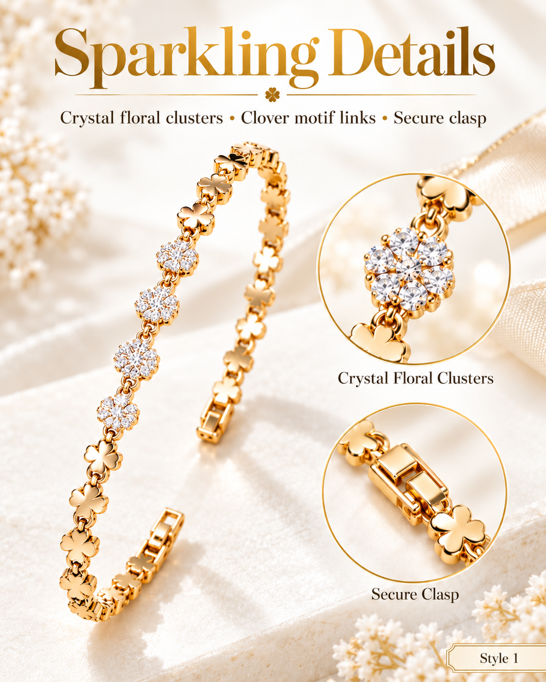Gold-Tone Clover & Floral Sparkle Bracelet