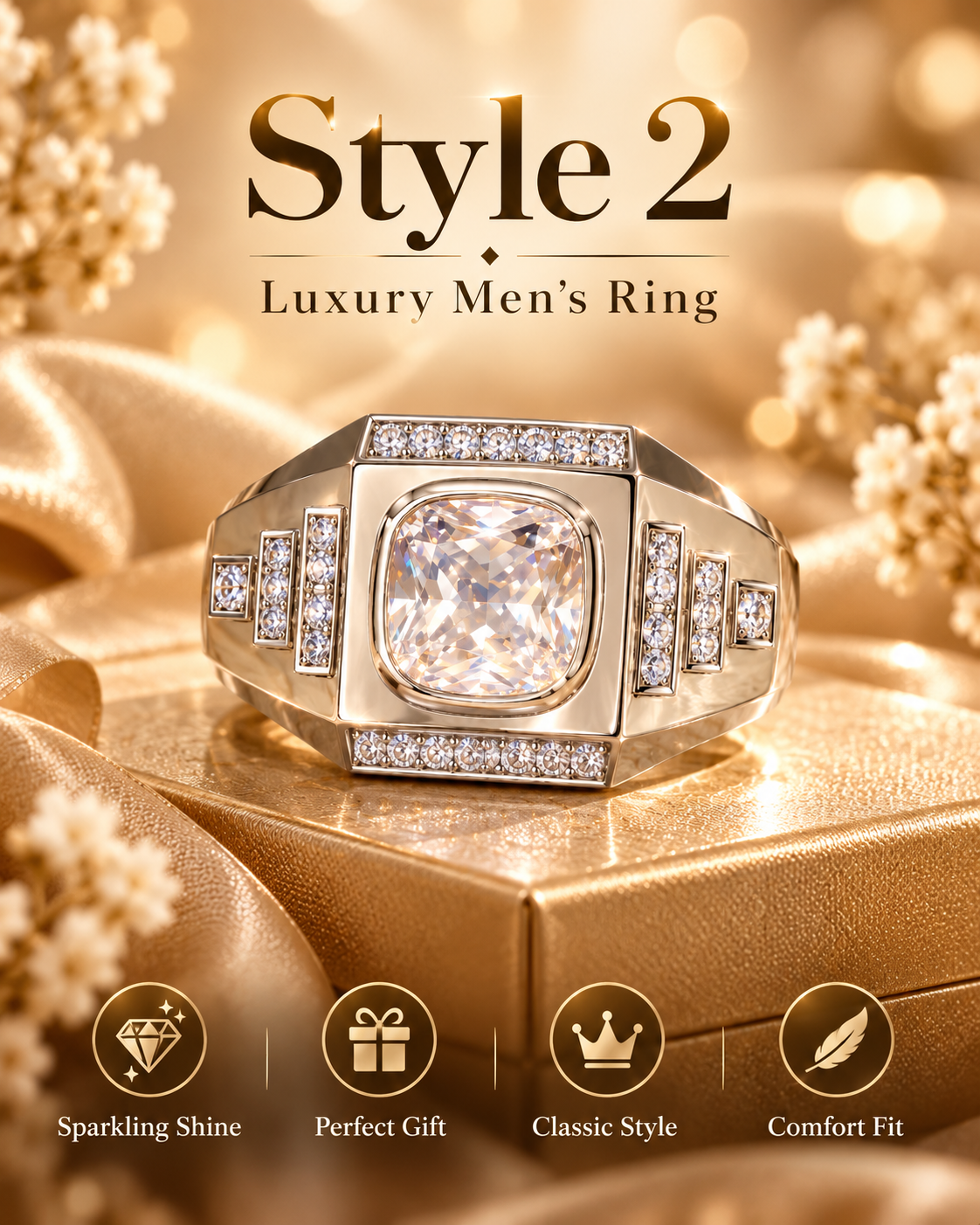 Men’s Gold Signet Ring, Bold Cushion Cut Statement Ring for Him