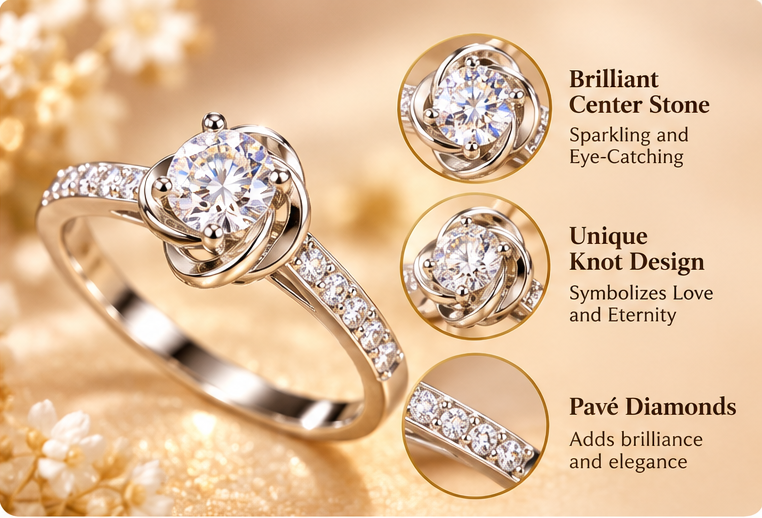 ✨ Style 17 – Women's Elegant Silver-Tone Round Crystal Love Knot Ring 💍 Sparkling Solitaire Rhinestone Ring 💎 Romantic Infinity Knot Design with Pavé Band 💖 Fashion Jewelry 🎁 Perfect Gift for Her