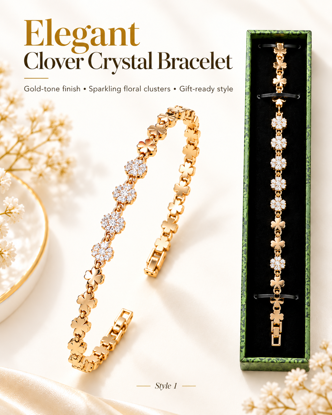 Gold-Tone Clover & Floral Sparkle Bracelet