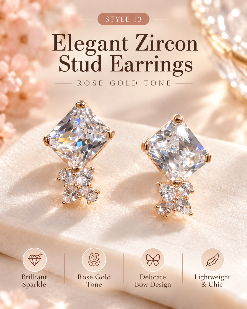 Style 13 – Elegant Rose Gold Tone Square Stud Earrings