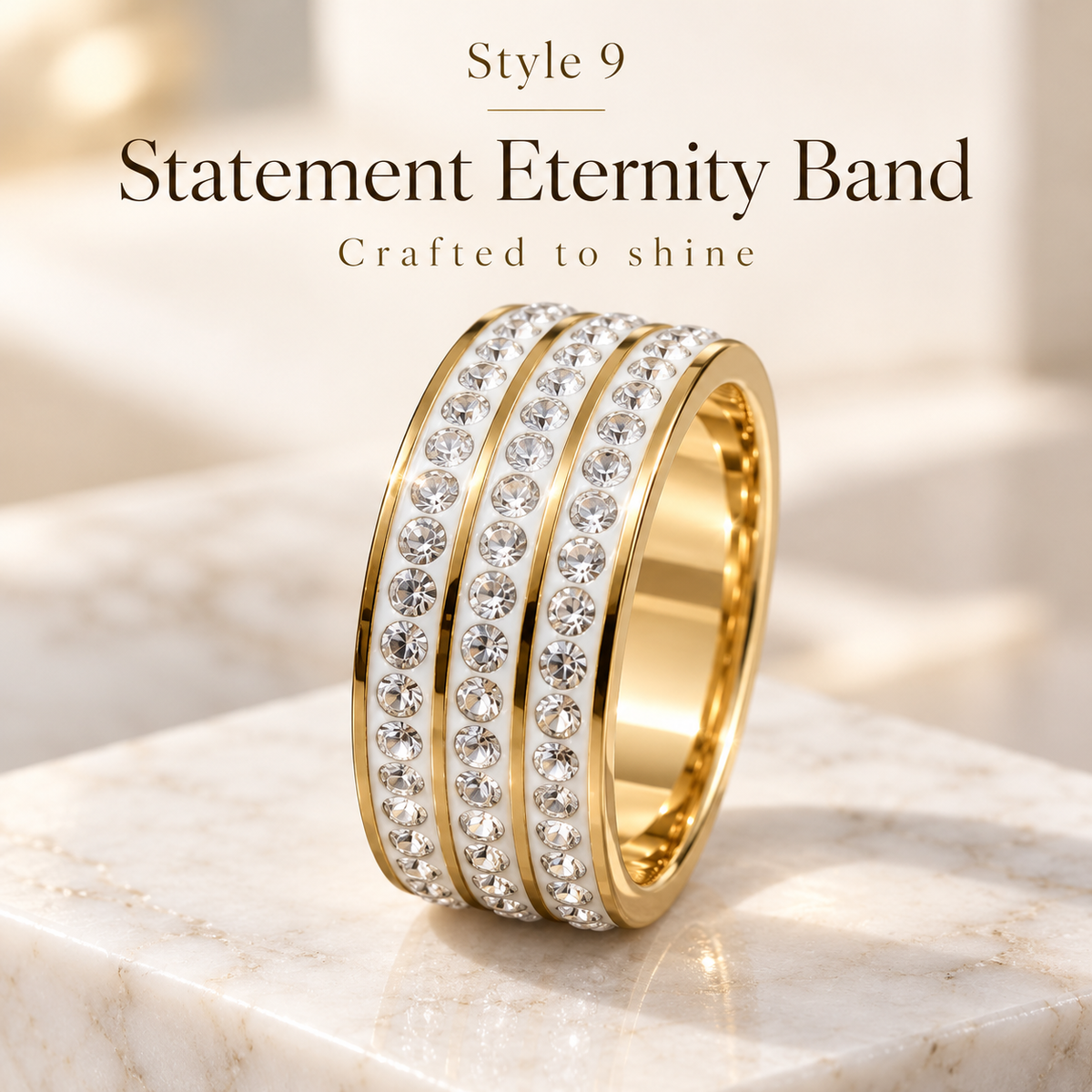 ✨ Style 9 – Women's Elegant Gold-Tone Triple Row Crystal Ring 💍 Sparkling Rhinestone Wide Band Ring 💎 Classic Pavé Statement Jewelry 💖 Luxury Fashion Ring 🎁 Perfect Gift for Her