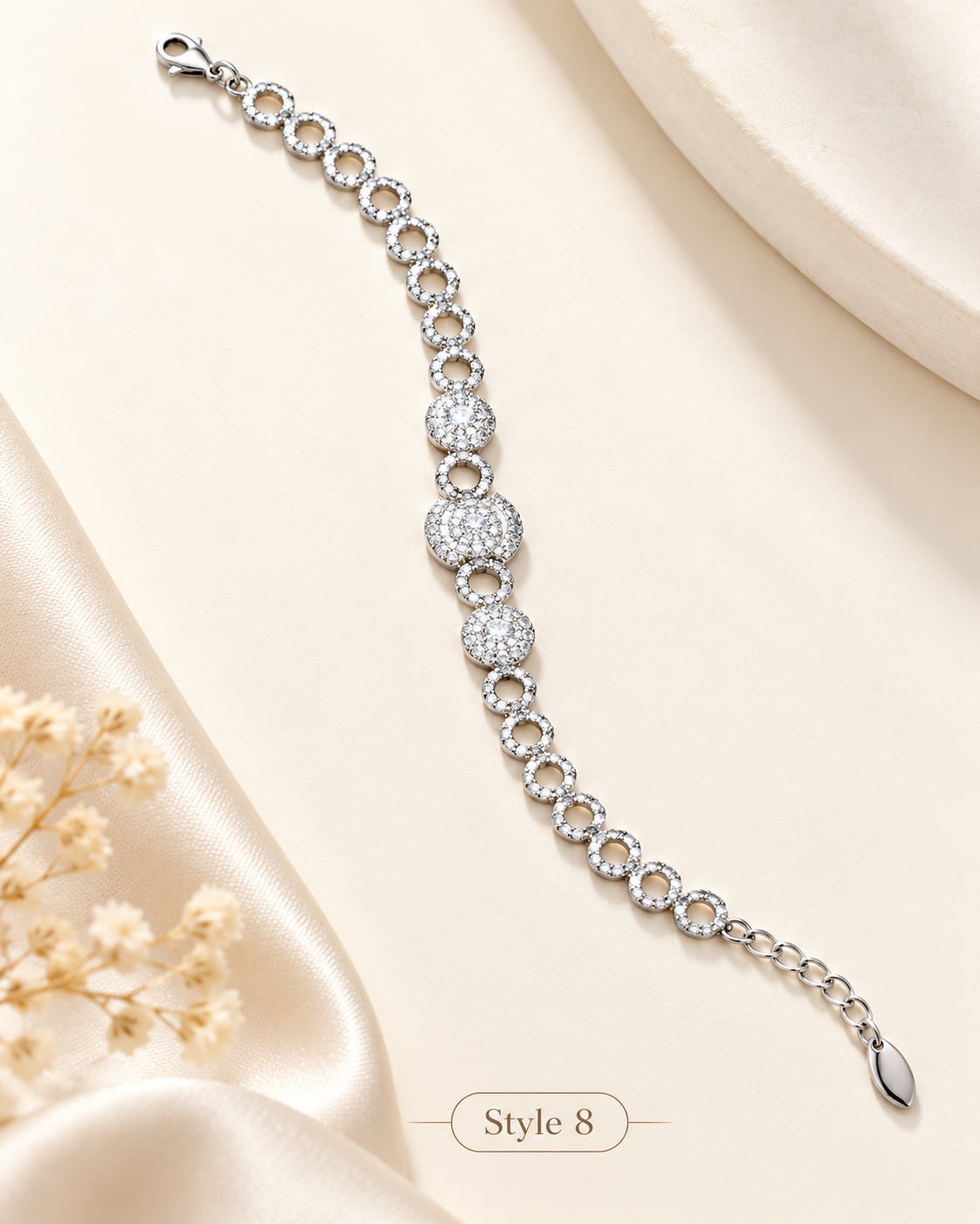 Style 8 – Women's Elegant Silver-Tone Crystal Circle Link Bracelet, Sparkling Rhinestone Adjustable Bracelet, Fashion Jewelry Gift for Her