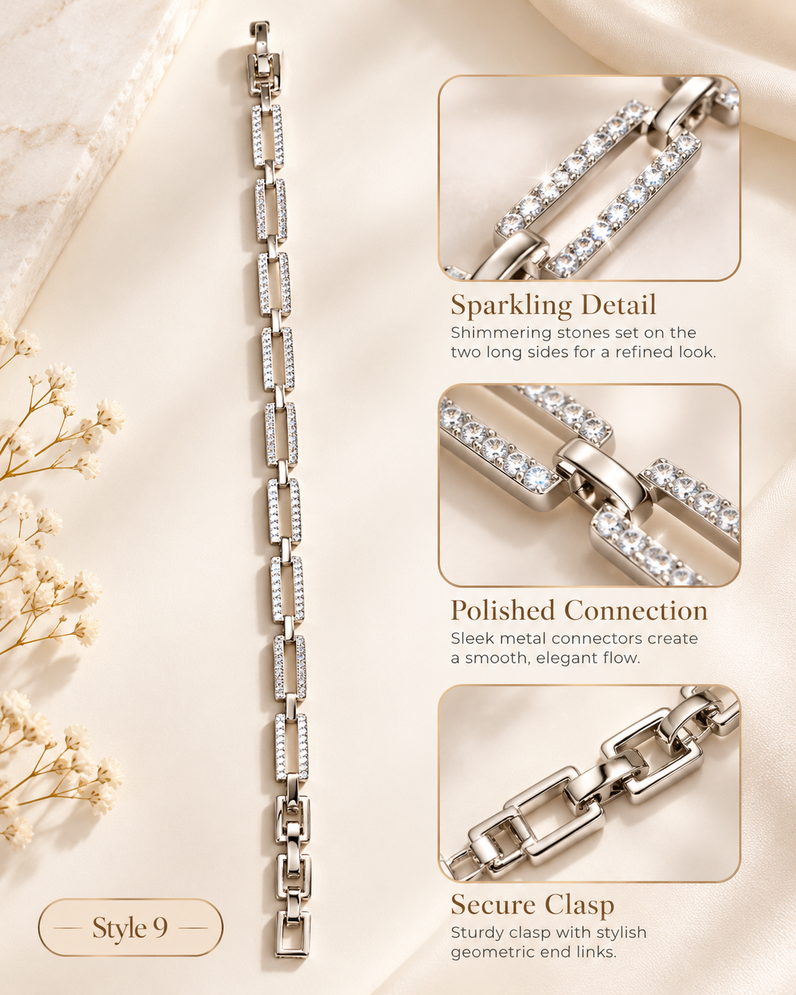 ✨ Style 9 – Women's Elegant Silver-Tone Crystal Rectangle Link Bracelet ✨ Sparkling Rhinestone Geometric Chain Bracelet 💖 Fashion Jewelry 🎁 Gift for Her