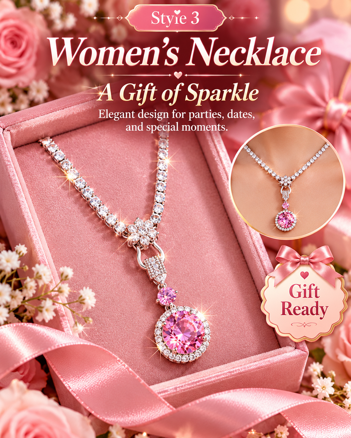 Style 3 Pink Crystal Pendant Necklace for Women – Elegant Sparkly Fashion Jewelry | Style 3·
