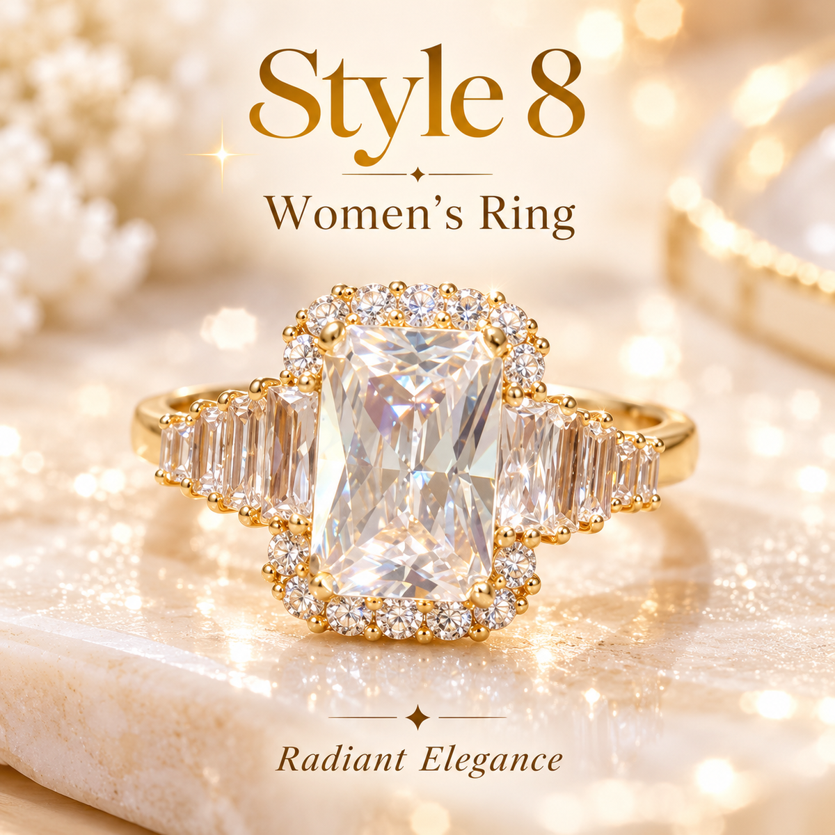 ✨ Style 8 – Women's Elegant Gold-Tone Radiant Cut Crystal Ring 💍 Sparkling Rectangular Halo Statement Ring 💎 Baguette Side Stone Engagement-Style Ring 💖 Luxury Fashion Jewelry 🎁 Perfect Gift for Her