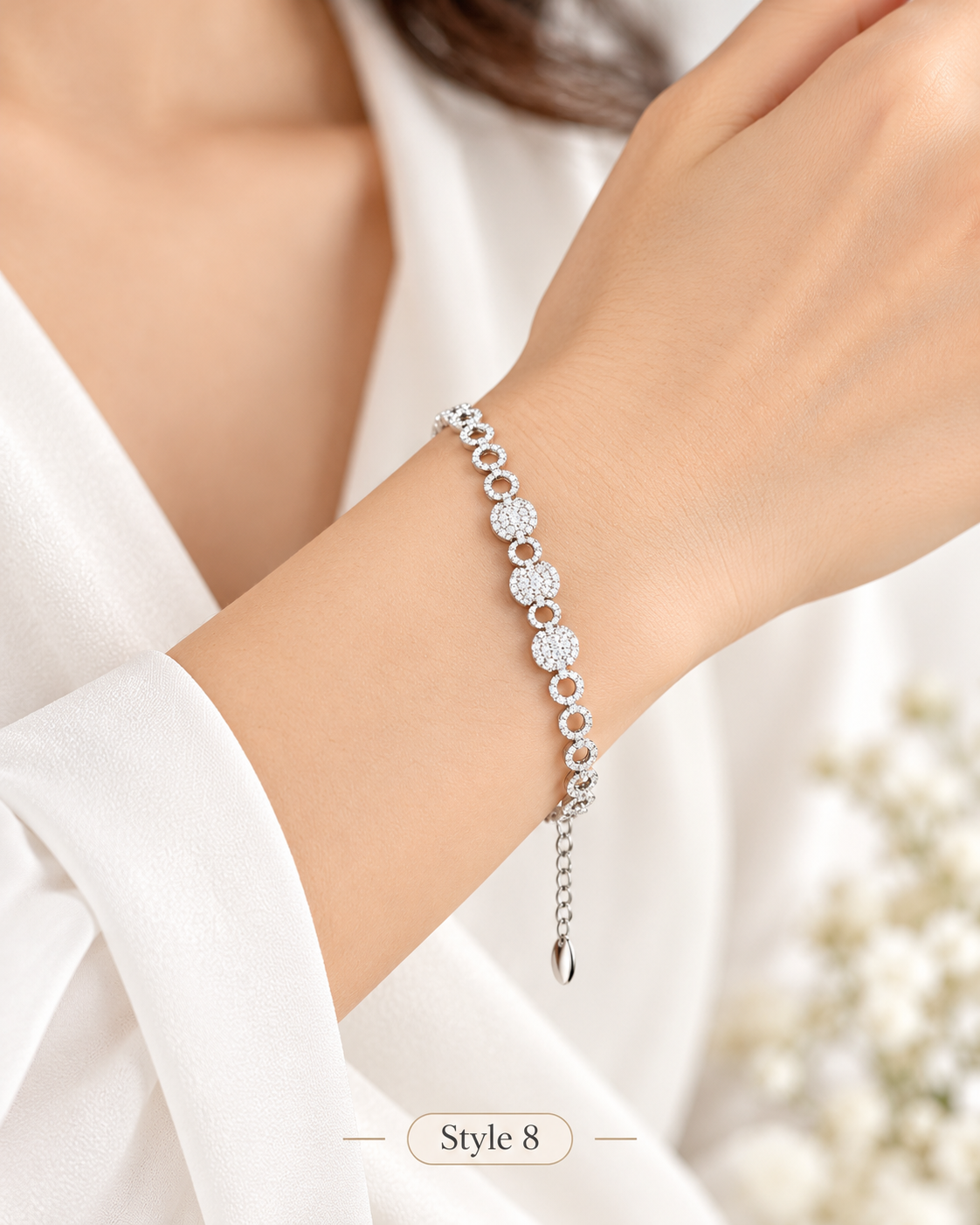 Style 8 – Women's Elegant Silver-Tone Crystal Circle Link Bracelet, Sparkling Rhinestone Adjustable Bracelet, Fashion Jewelry Gift for Her