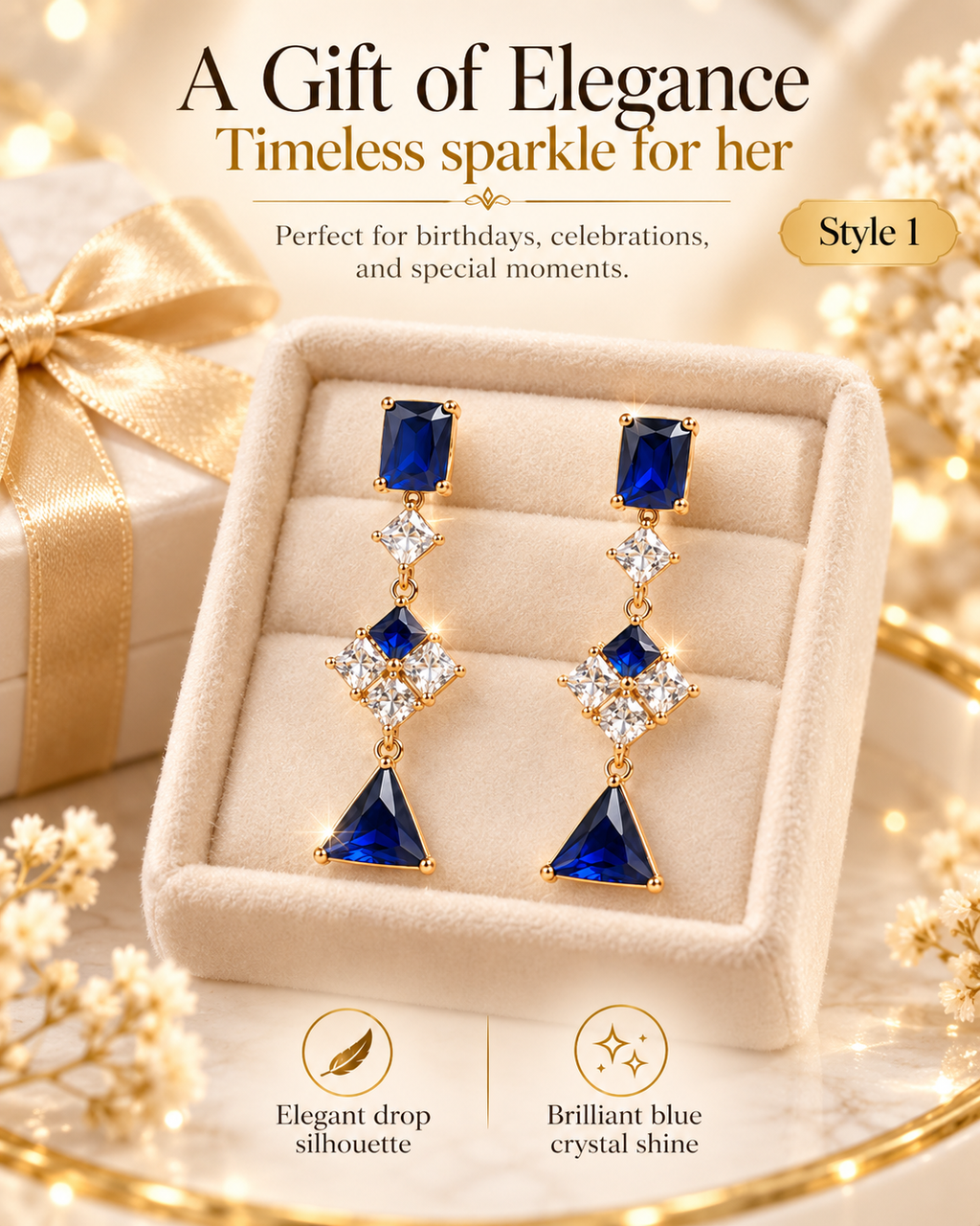 Style 1 Elegant Royal Blue Geometric Drop Earrings  Sparkling Simulated Gemstones – Women's Fashion Jewelry