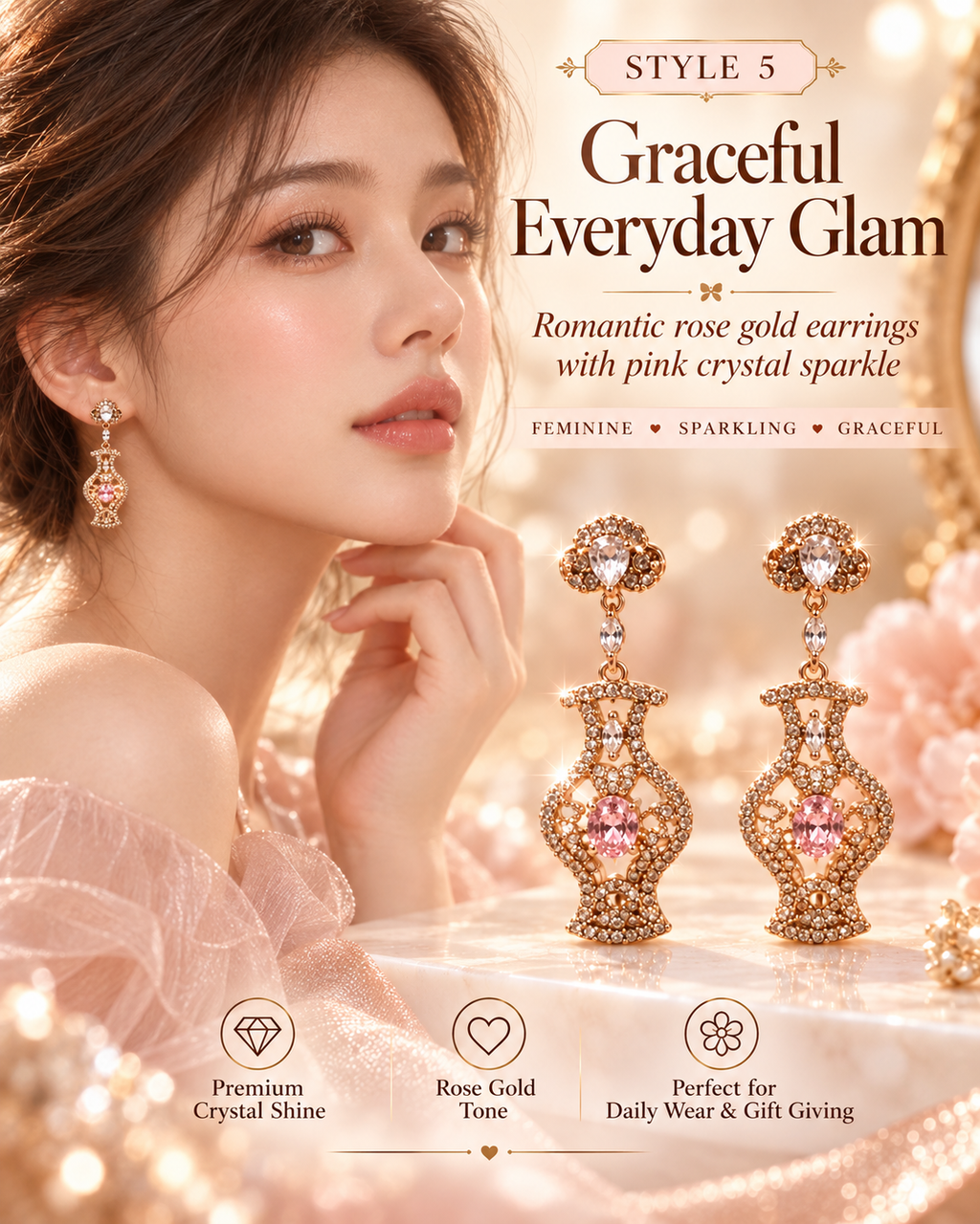 Style 5 – Elegant Rose Gold Tone Pink Crystal Drop Earrings