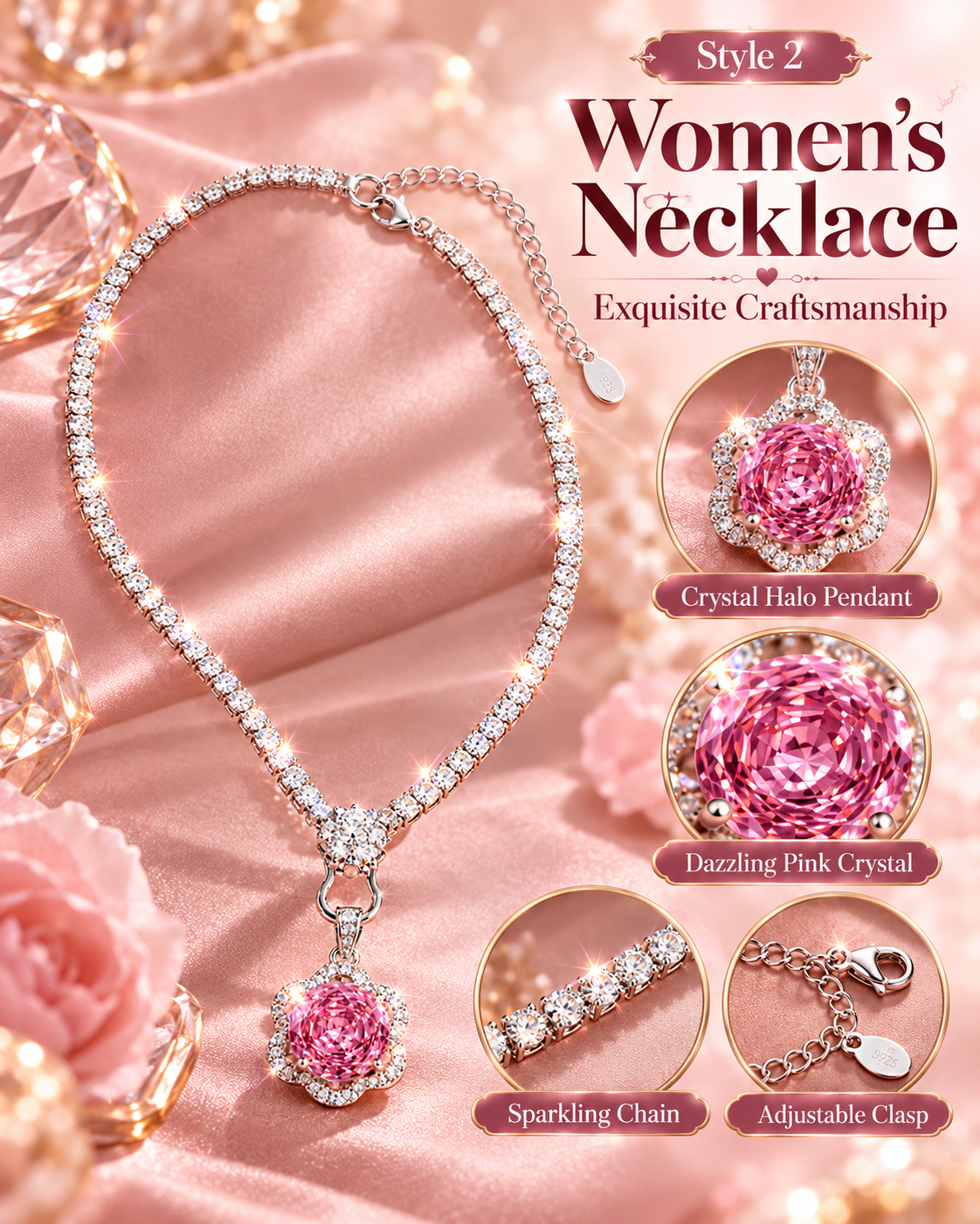 Women's Pink Crystal Pendant Necklace – Style 2