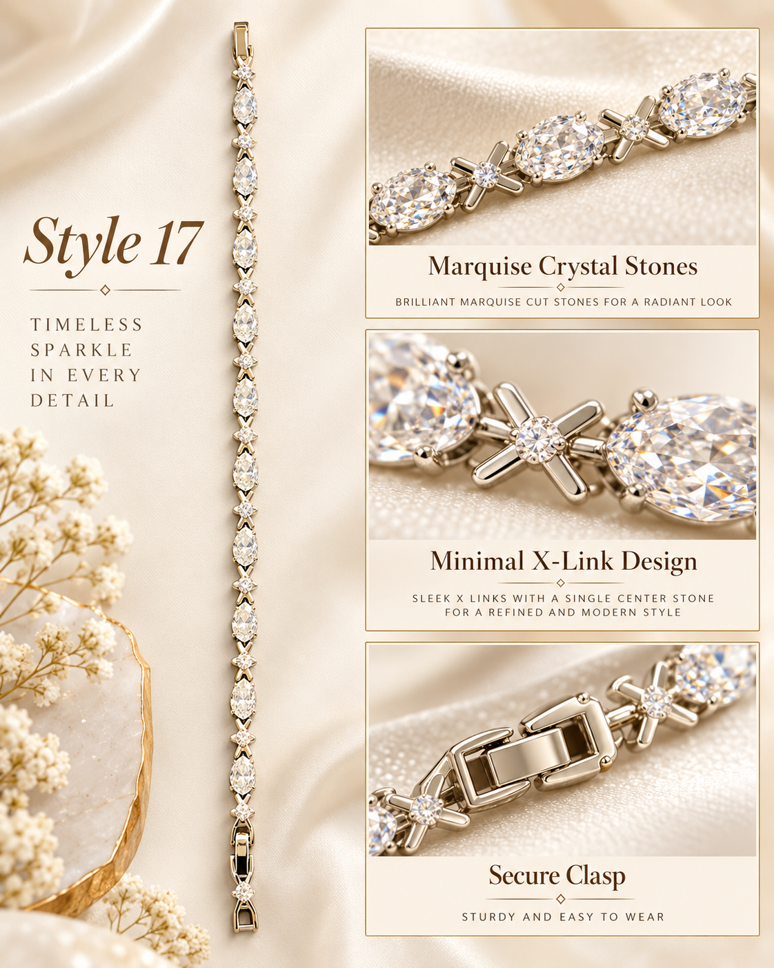 ✨ Style 17 – Women's Elegant Gold-Tone Marquise Crystal Bracelet 💎 Sparkling X-Link Rhinestone Tennis Bracelet 💖 Luxury Fashion Jewelry 🎁 Perfect Gift for Her