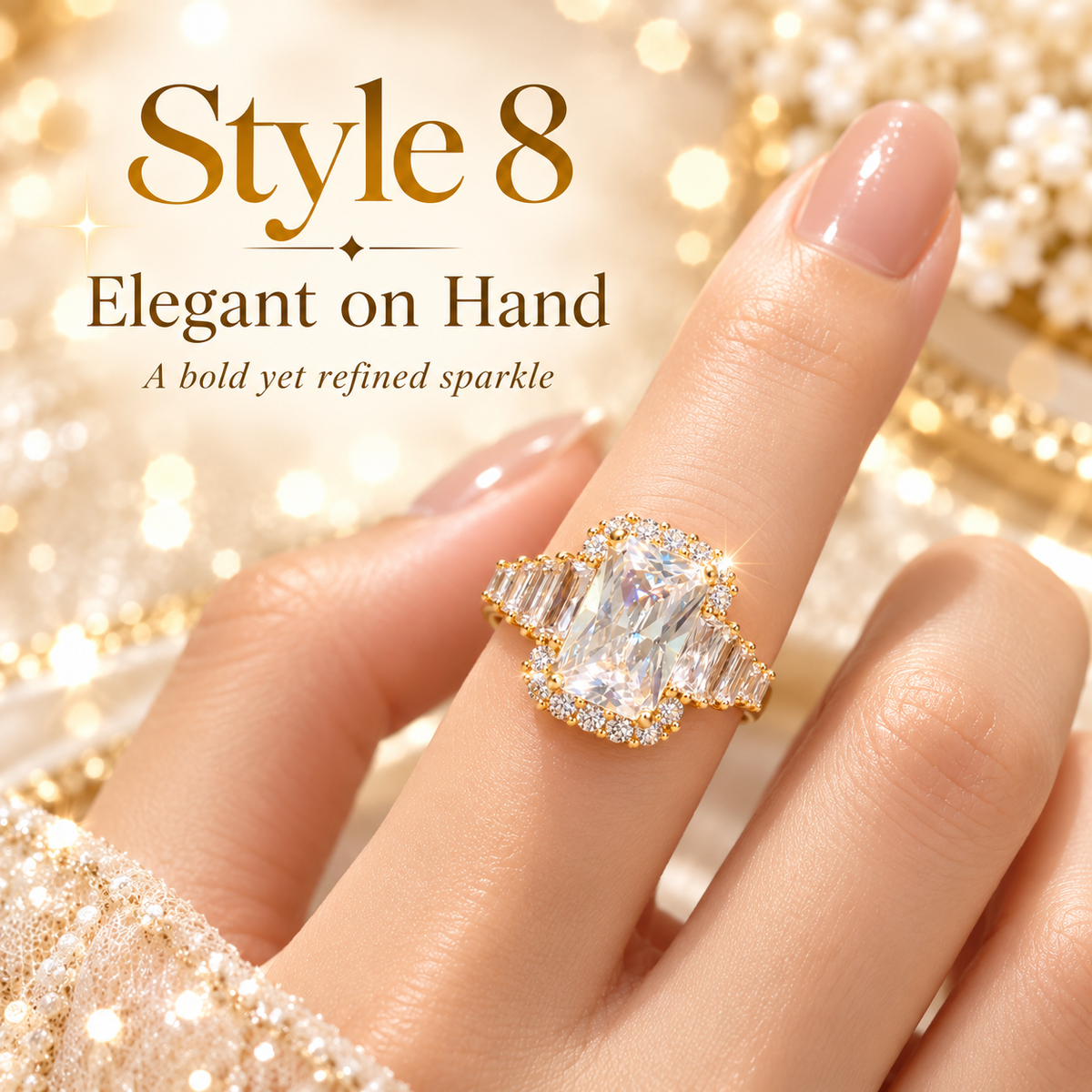 ✨ Style 8 – Women's Elegant Gold-Tone Radiant Cut Crystal Ring 💍 Sparkling Rectangular Halo Statement Ring 💎 Baguette Side Stone Engagement-Style Ring 💖 Luxury Fashion Jewelry 🎁 Perfect Gift for Her